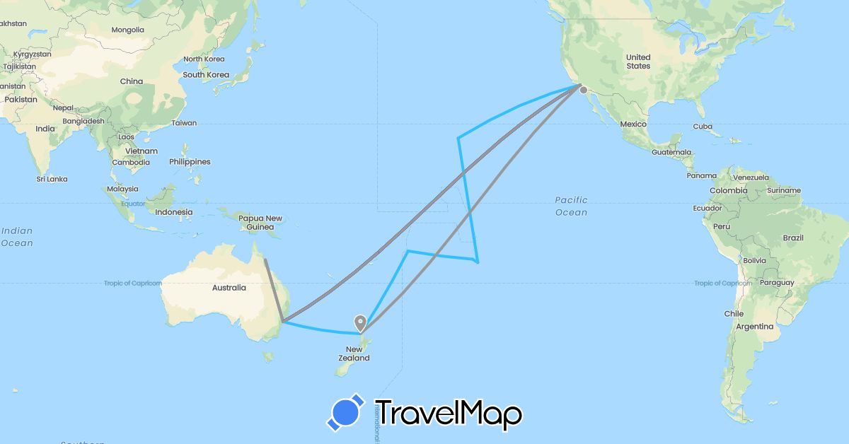 TravelMap itinerary: driving, plane, boat in American Samoa, Australia, New Zealand, French Polynesia, United States (North America, Oceania)